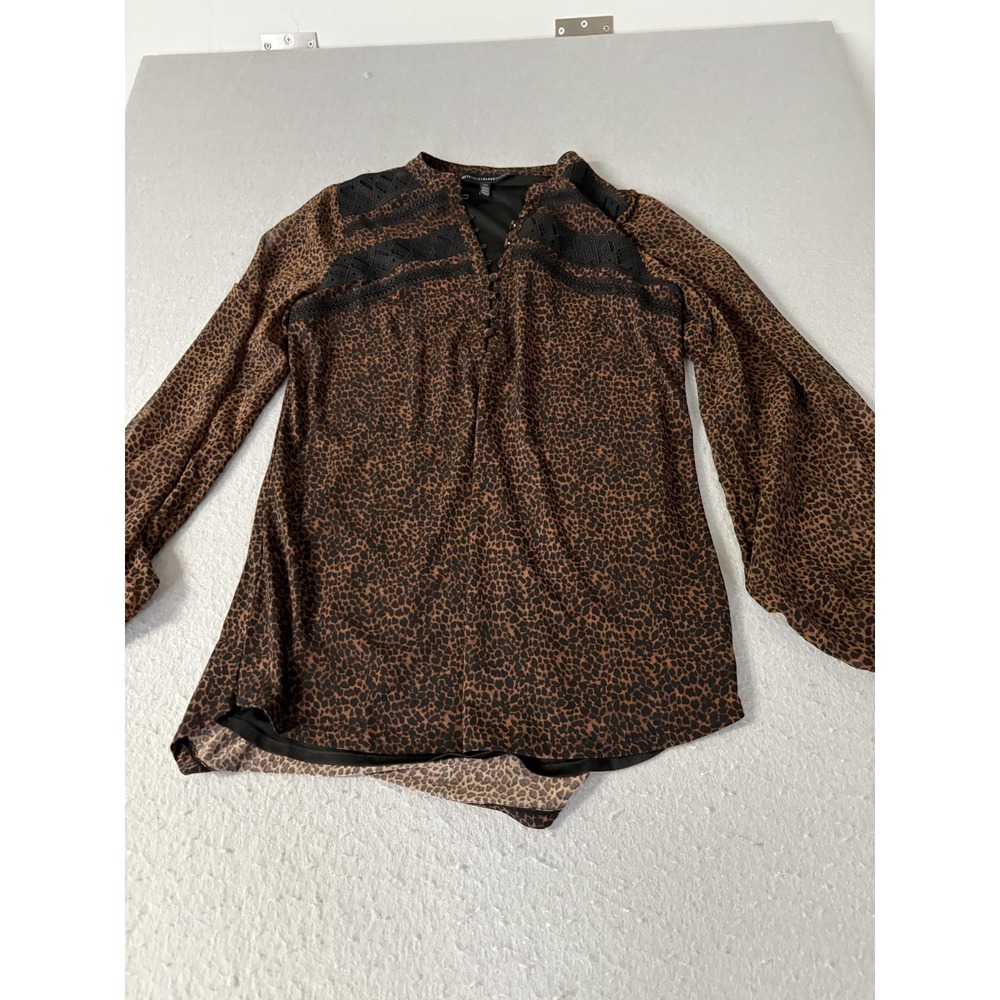 White House Black Market Shirt Womens XS Brown‎ Animal Print Lace Boho Top